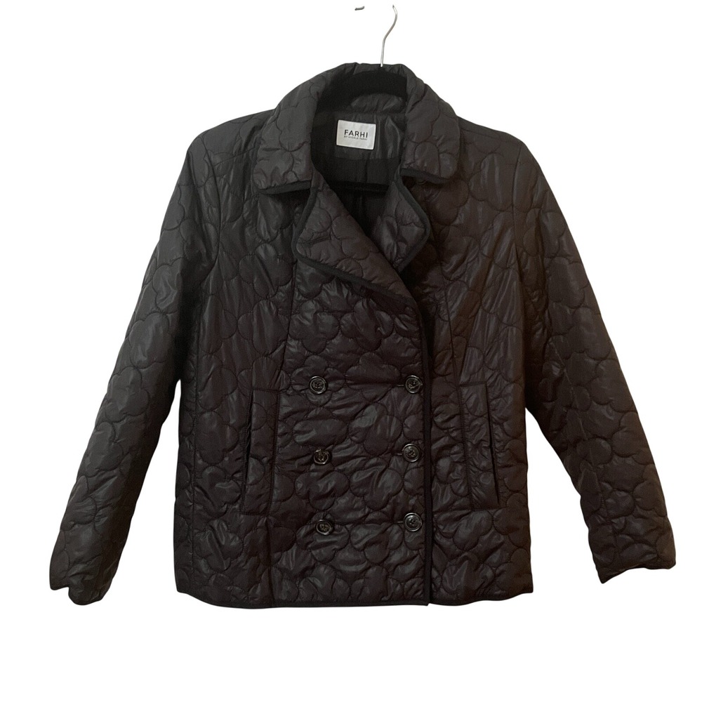 Farhi by Nicole Farhi Black Scalloped Quilted Double Breasted Pea Coat Jacket 8